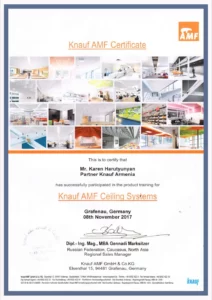 Knauf AMF հավաստագիրը KNAUF AMF Ceiling Systems-ի կողմից շնորհված ՎԱԿ Մետալին հիմնադիր տնօրենին Կարեն Հարությունյանին 2017 թվականին