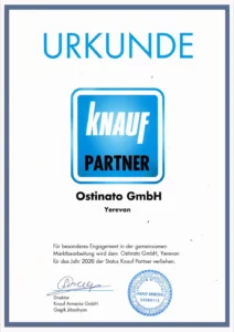 KNAUF Partner հավաստագիրը URKUNDE-ի կողմից շնորհված ՎԱԿ Մետալին 2020 թվականին